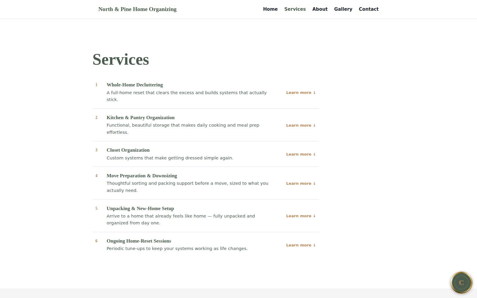North & Pine's services page — a calm editorial list layout.