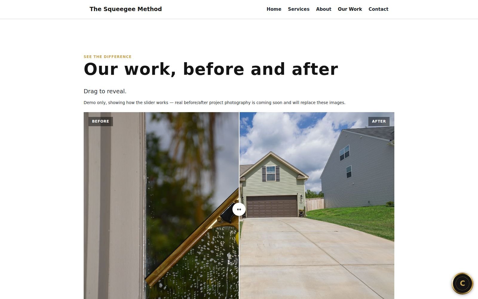 The Squeegee Method's gallery page with a drag-to-compare before and after tool.